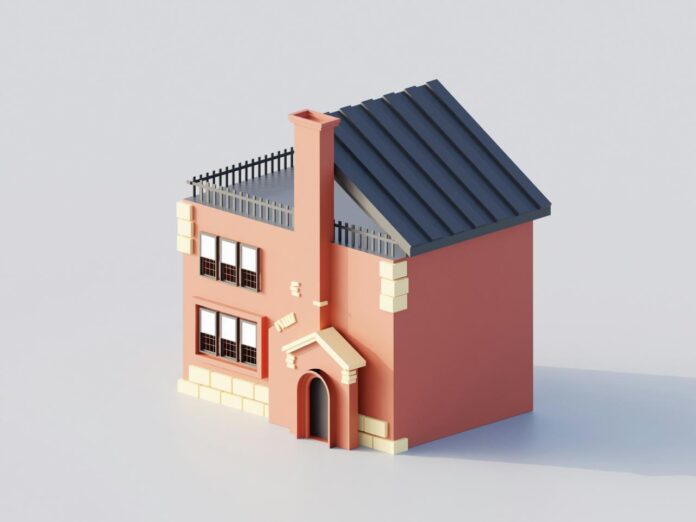 Rumah kartun merah muda dengan atap gelap.